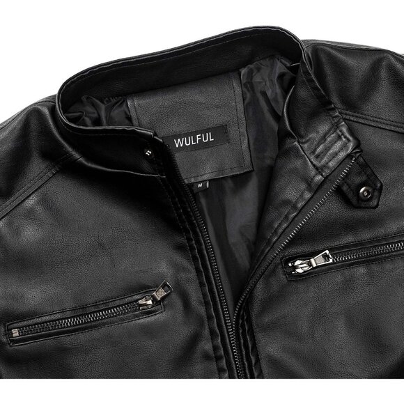 Men's Black1303 Stand Collar Leather Motorcycle Lightweight Faux Leather Jacket - Picture 3 of 7